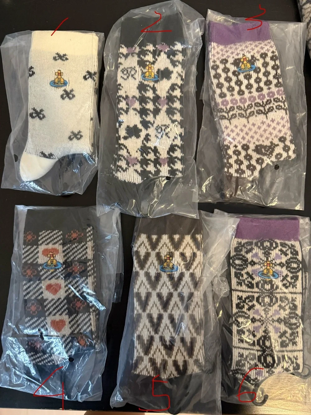 Vivienne Westwood Mixed Pattern Crew Socks in White, Black & Purple